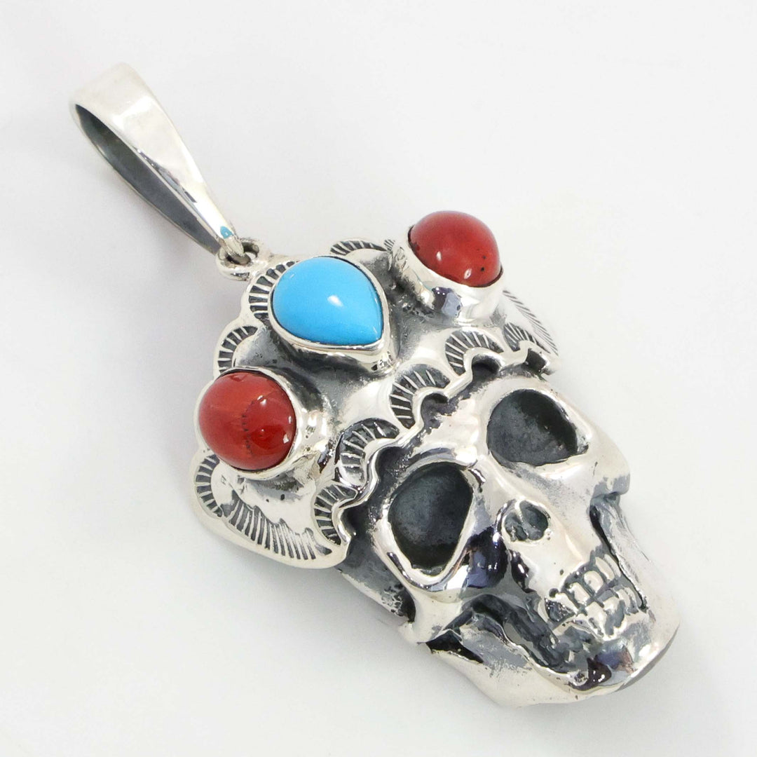 Turquoise and Coral Skull Pendant