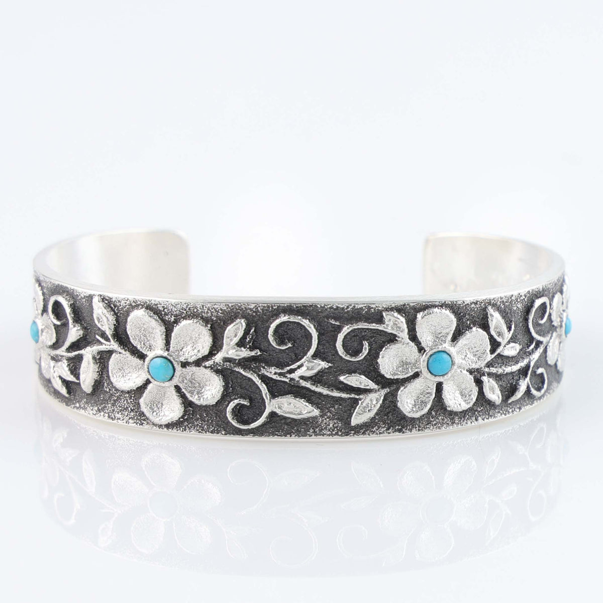 Navajo Turquoise Flower Cuff by Rebecca T Begay