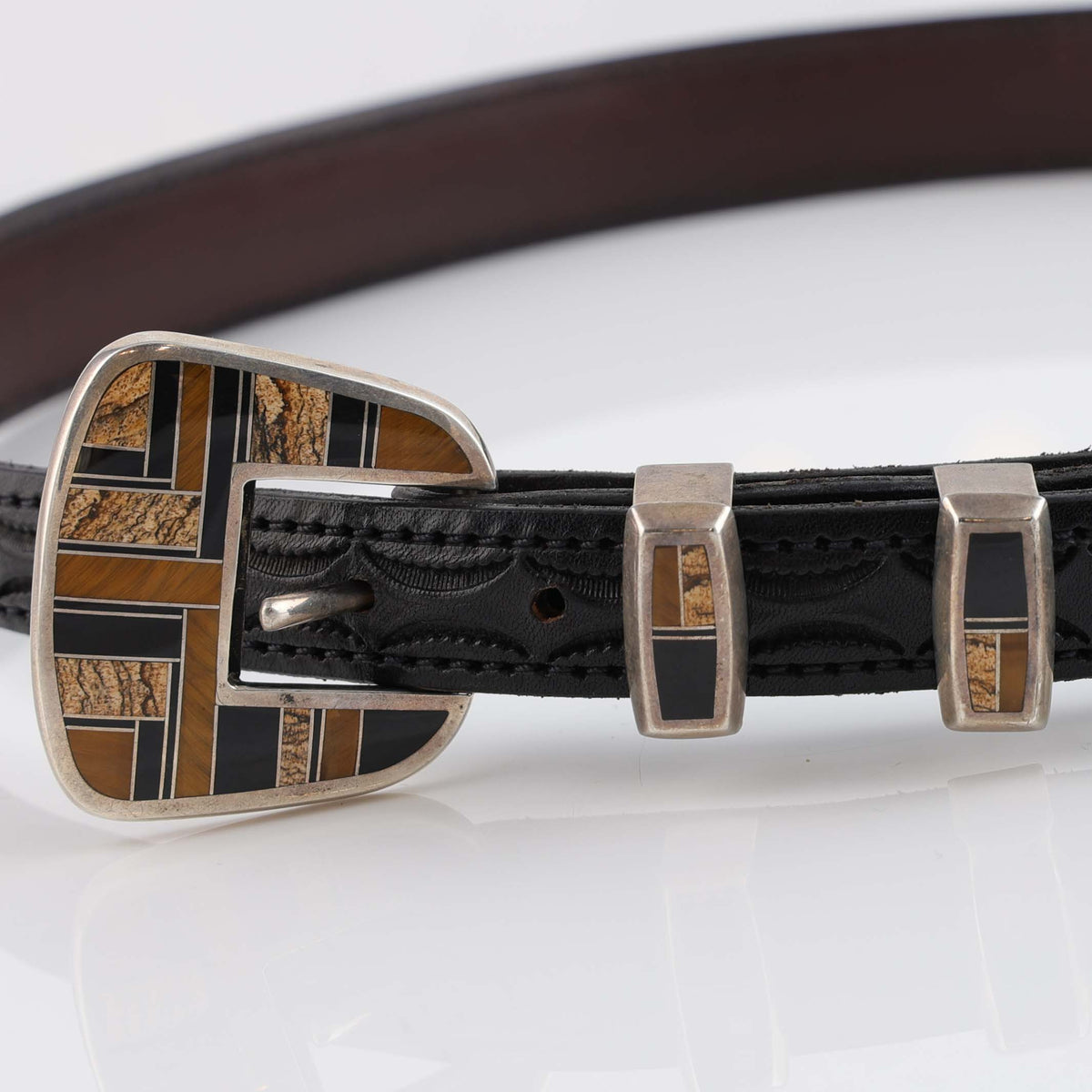 1990s Navajo Native Earth Inlay Ranger Buckle Set by Tim Charley