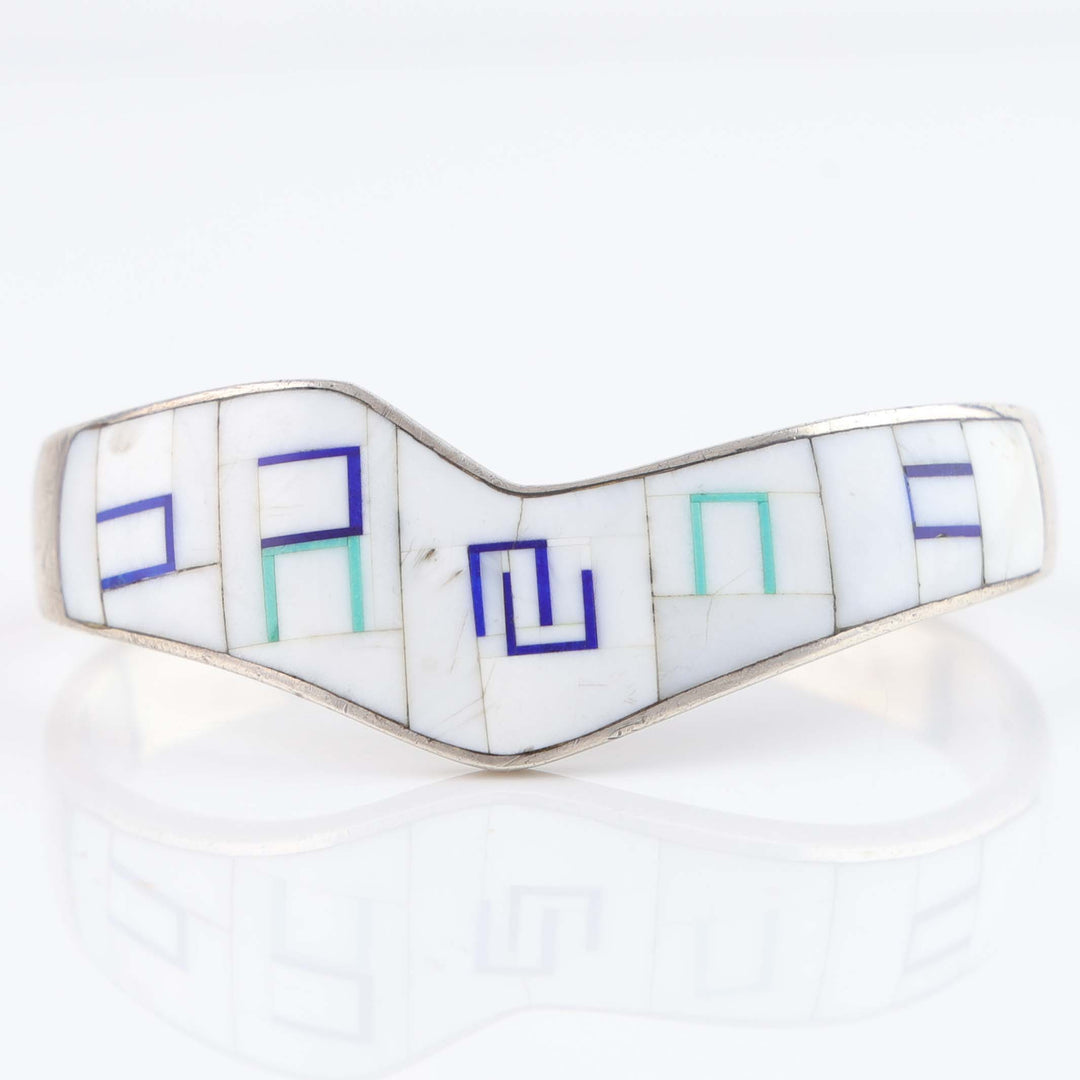 1990s White Shell, Lapis and Turquoise Inlay Cuff