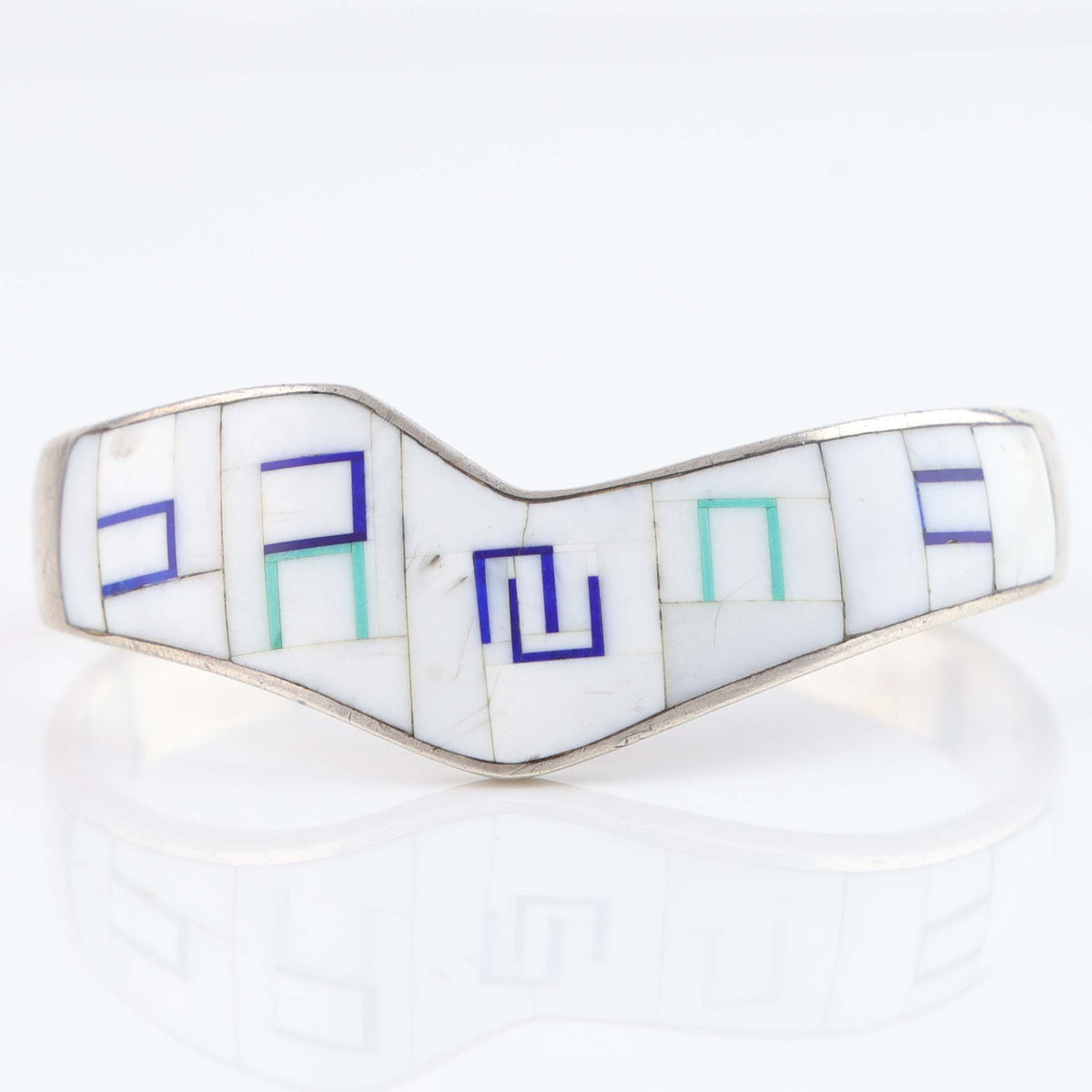 1990s White Shell, Lapis and Turquoise Inlay Cuff by Wayne Muskett