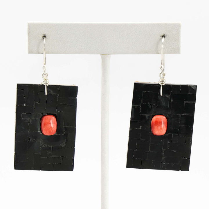 Jet and Spiny Oyster Earrings