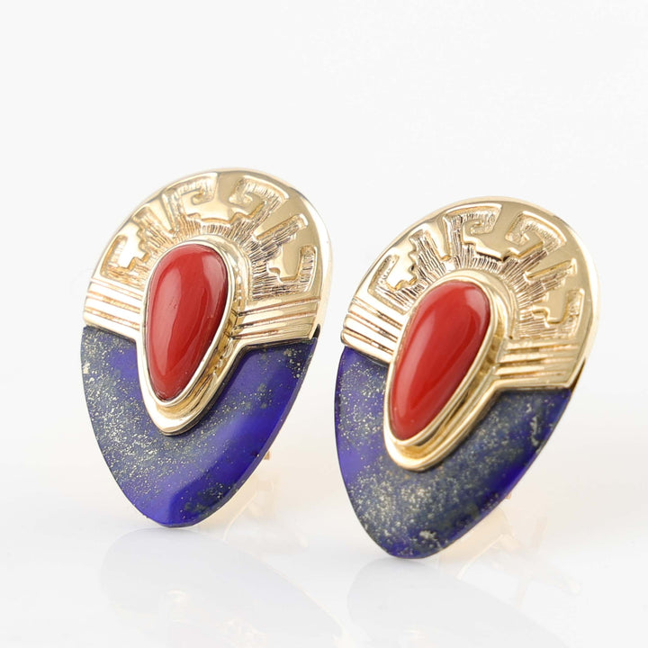 Coral and Lapis Gold Earrings