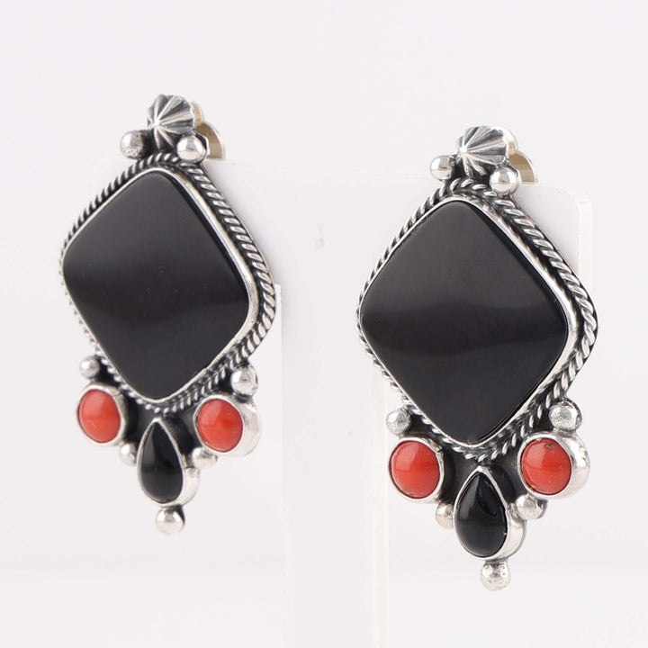 Navajo Onyx and Coral Clip Earrings