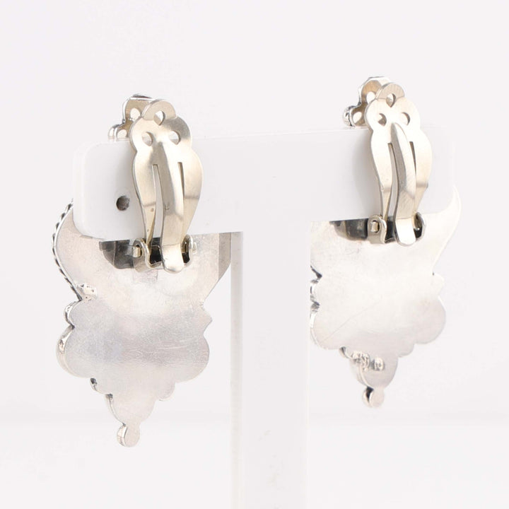 Navajo Onyx and Coral Clip Earrings