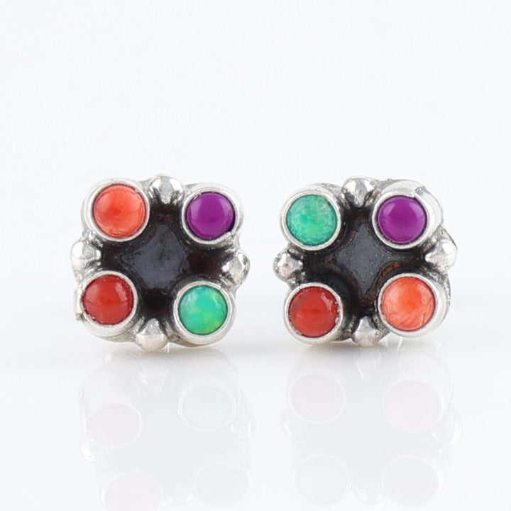 Coral, Spiny Oyster, Gaspeite &amp; Sugilite Post Earrings