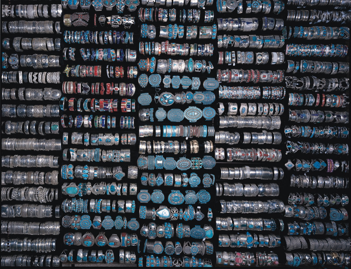 Rows of silver and turquoise cuff bracelets at Garland's Jewelry