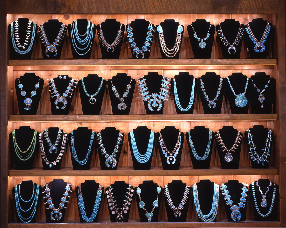A wall of turquoise and silver necklaces at Garland's Jewelry