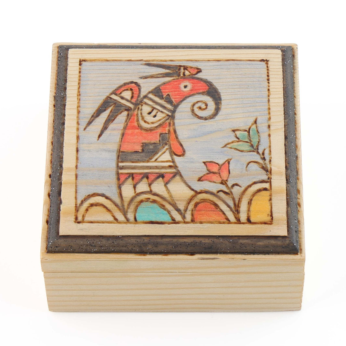Hopi Prehistoric Parrot Wood Box by Ted Pavatea