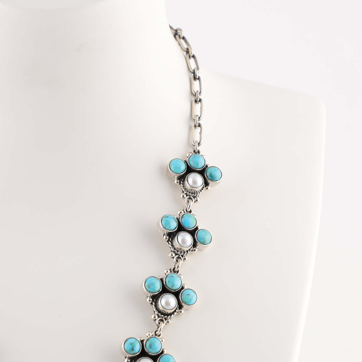 Turquoise and Pearl Squash Blossom Necklace