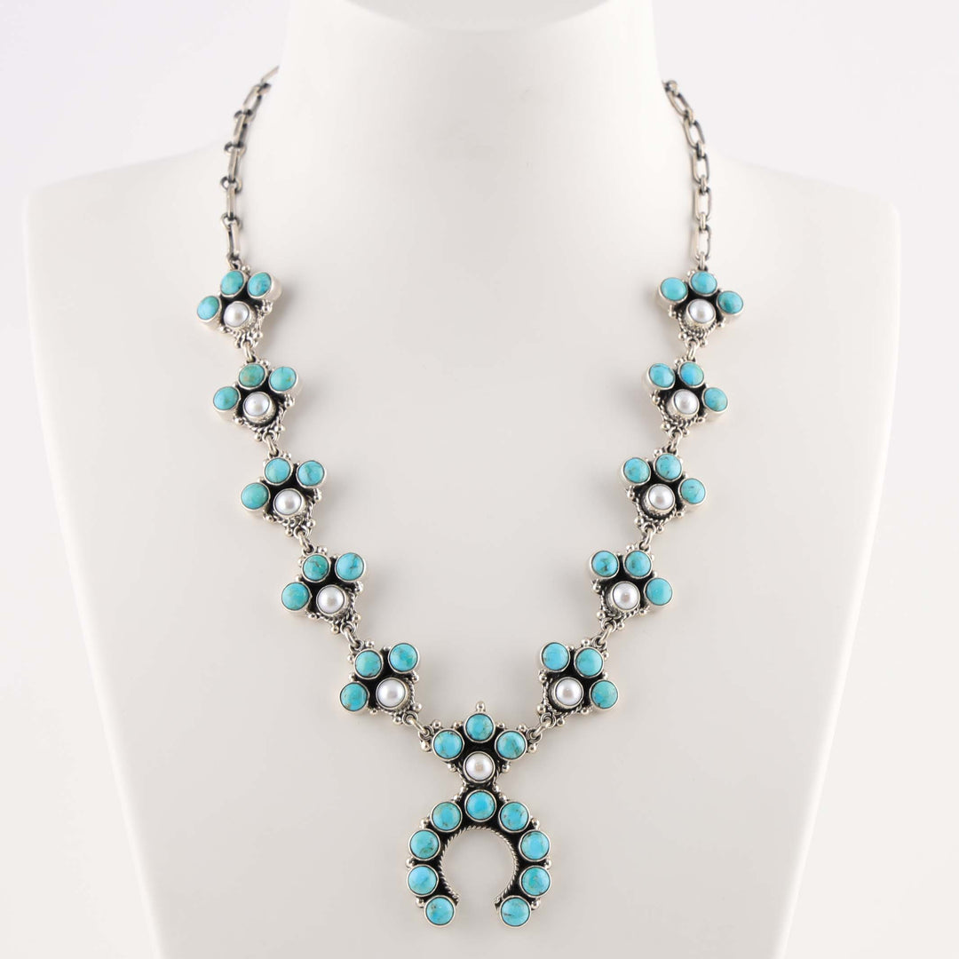Turquoise and Pearl Squash Blossom Necklace