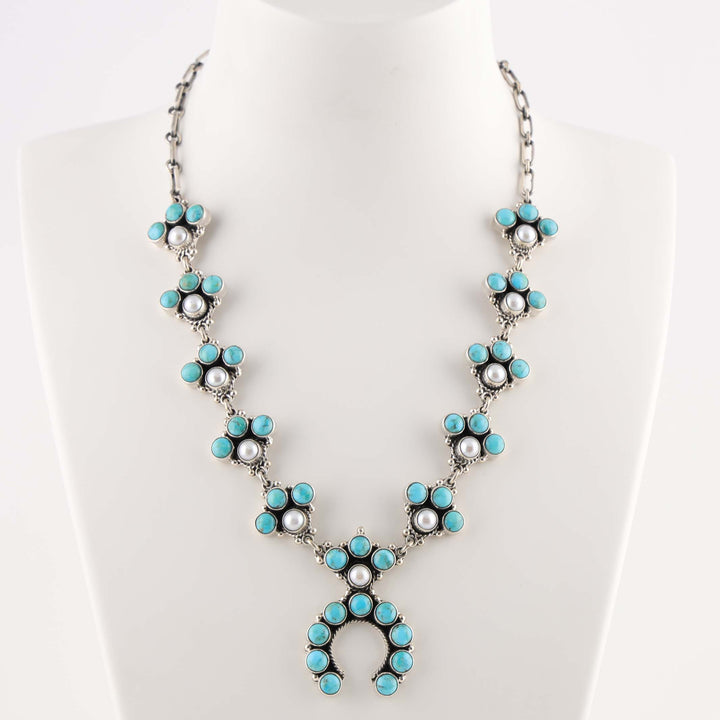Turquoise and Pearl Squash Blossom Necklace