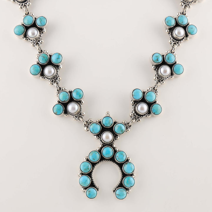 Turquoise and Pearl Squash Blossom Necklace