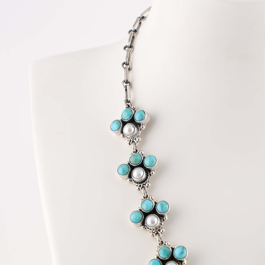 Turquoise and Pearl Squash Blossom Necklace