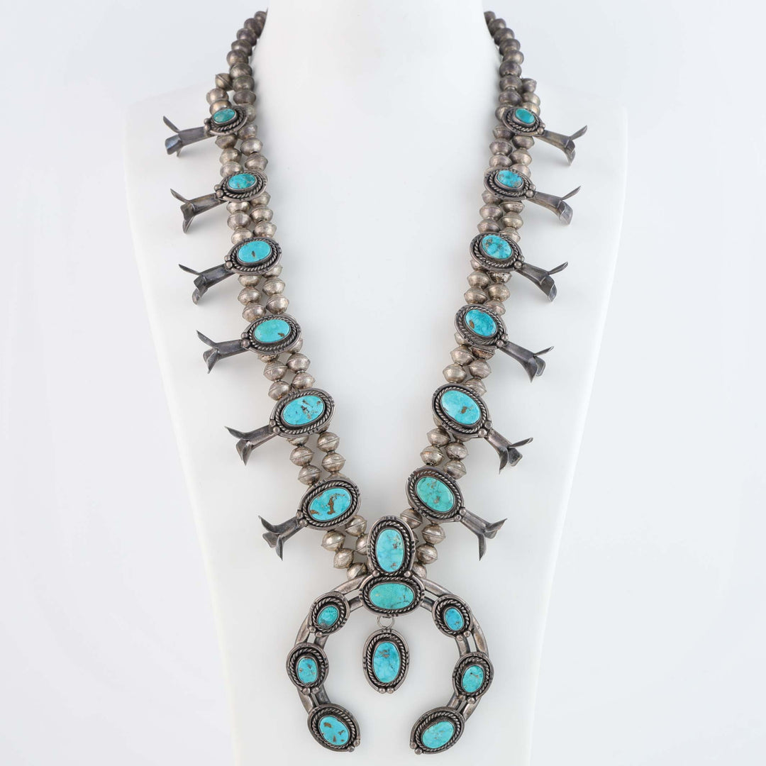 1970s Navajo Turquoise Squash Blossom Necklace