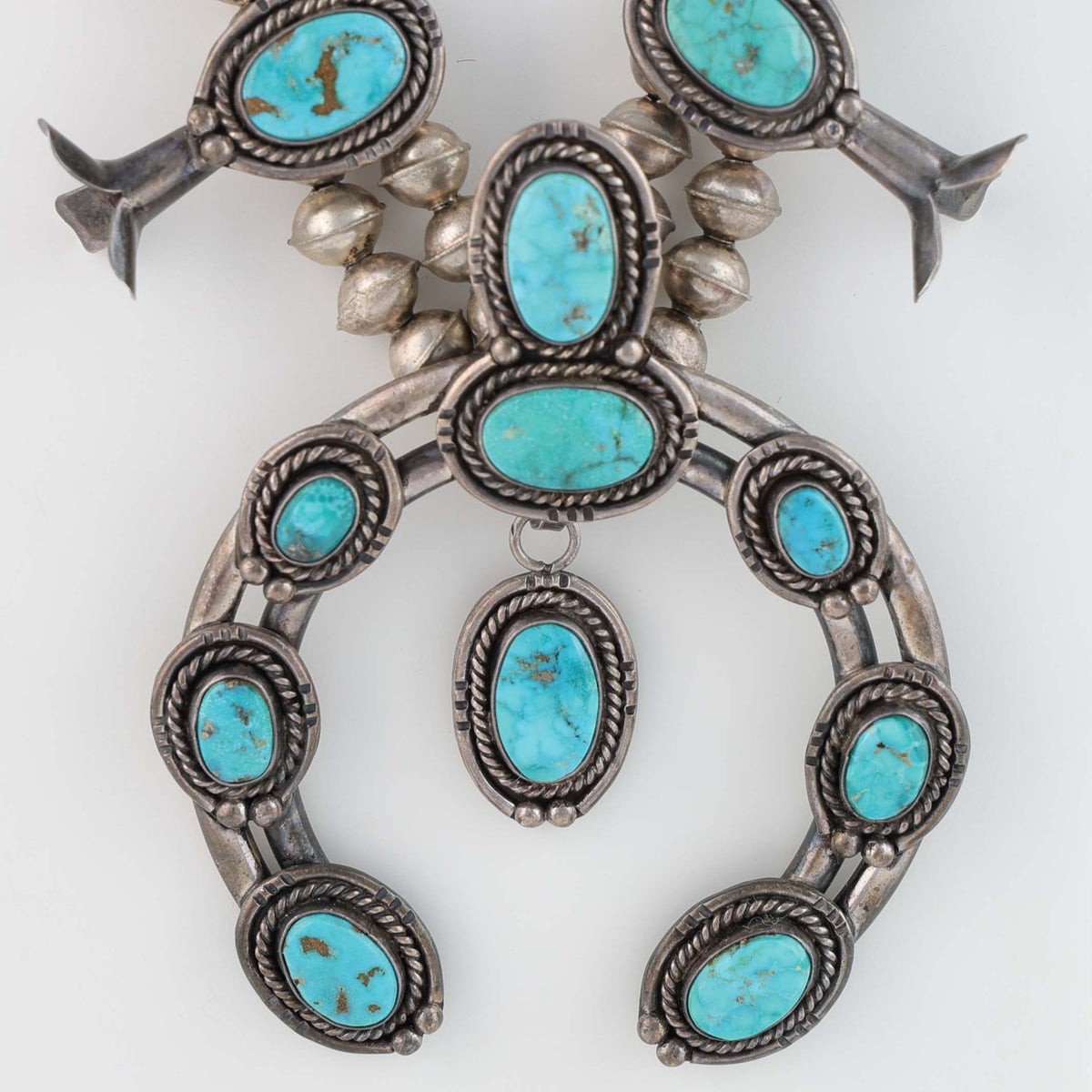 1970s Navajo Turquoise Squash Blossom Necklace