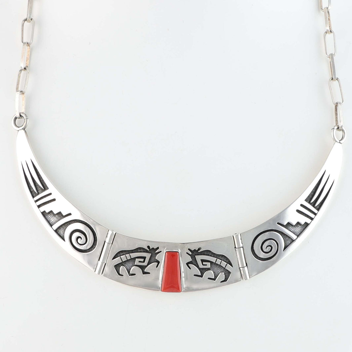 Hopi Overlay Collar Necklace with Coral by Mitchell Sockyma
