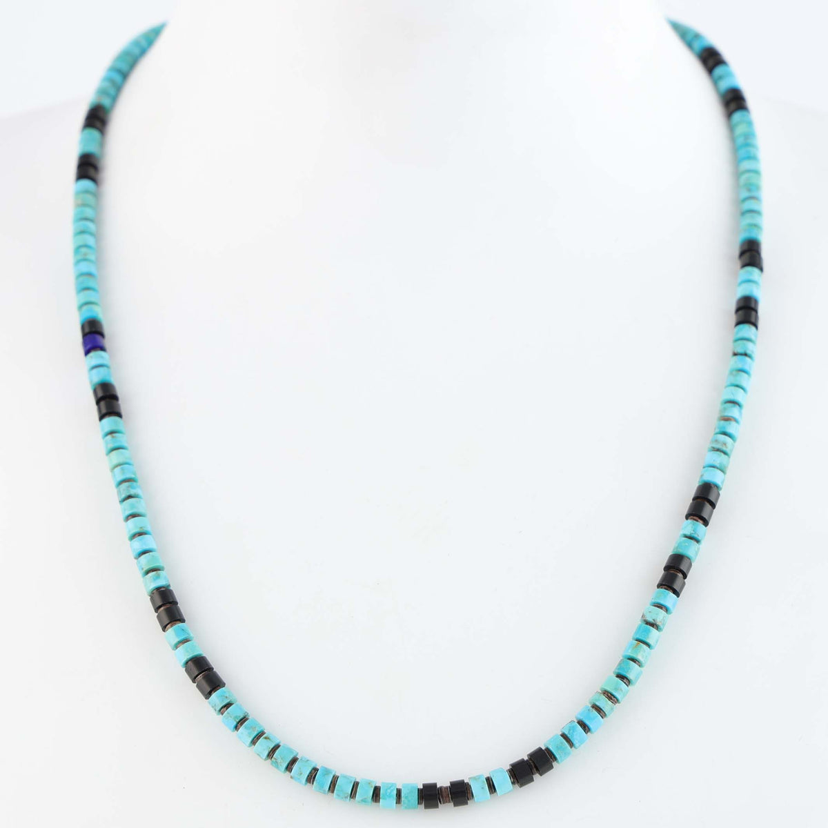 Navajo Kingman Turquoise and Jet Heishi Necklace by Marcella Teller