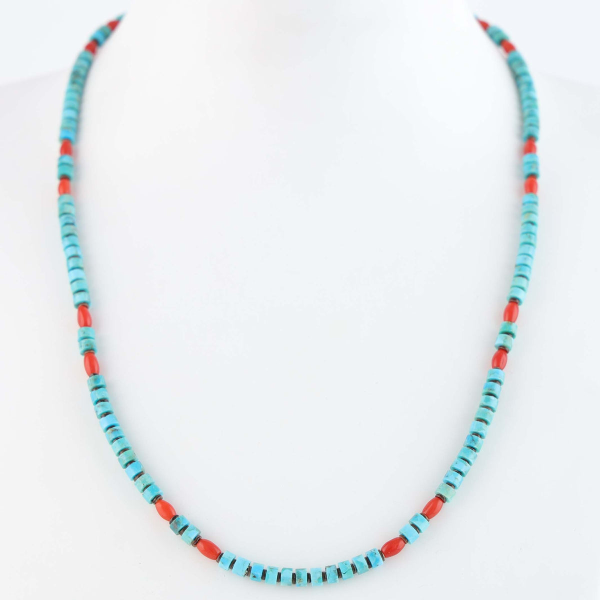 Navajo Kingman Turquoise and Coral Heishi Necklace by Marcella Teller