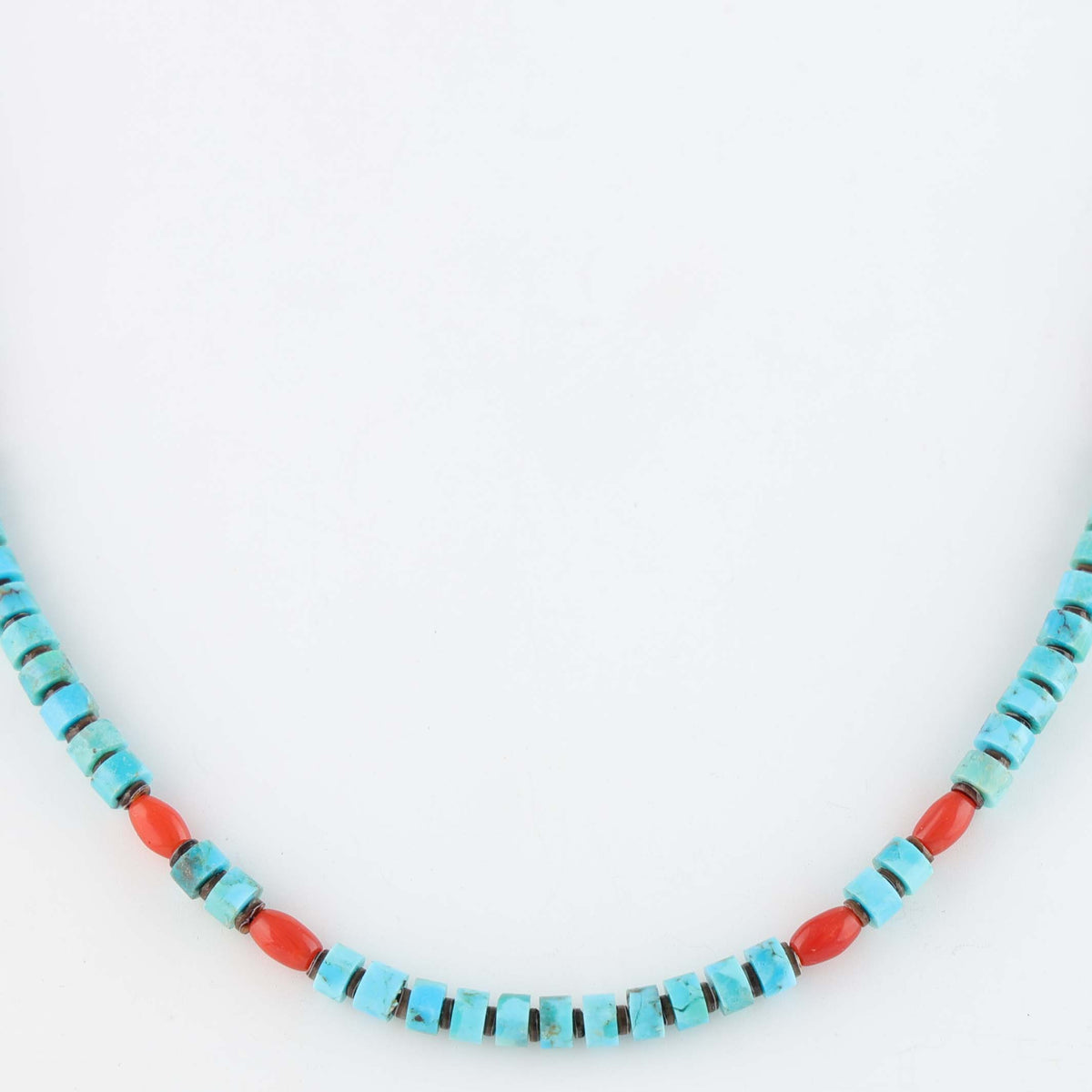 Navajo Kingman Turquoise and Coral Heishi Necklace by Marcella Teller