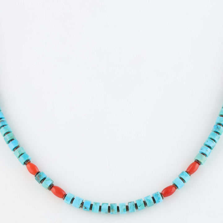 Navajo Kingman Turquoise and Coral Heishi Necklace