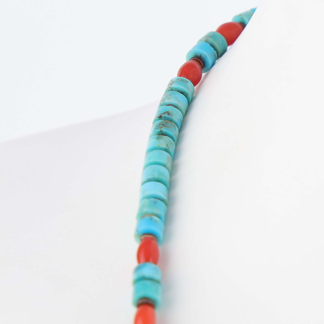 Navajo Kingman Turquoise and Coral Heishi Necklace