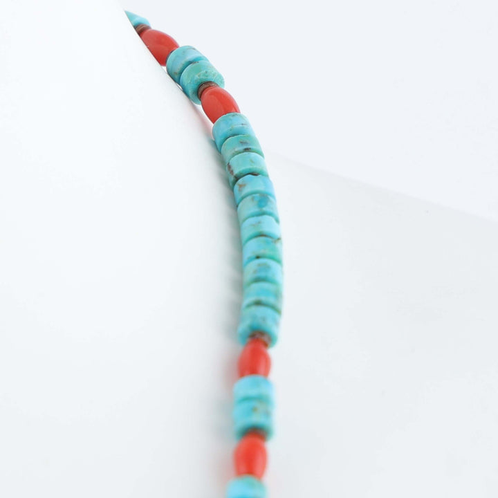 Navajo Kingman Turquoise and Coral Heishi Necklace