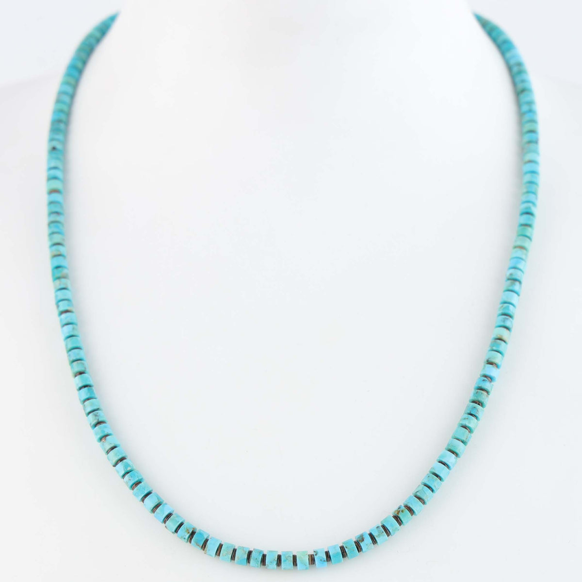 Navajo Kingman Turquoise and Pen Shell Heishi Necklace by Marcella Teller
