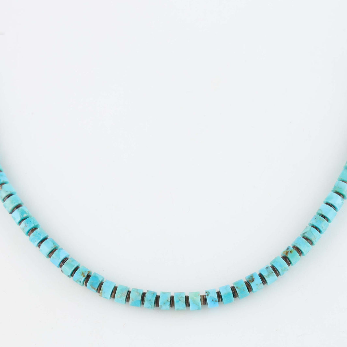 Navajo Kingman Turquoise and Pen Shell Heishi Necklace by Marcella Teller