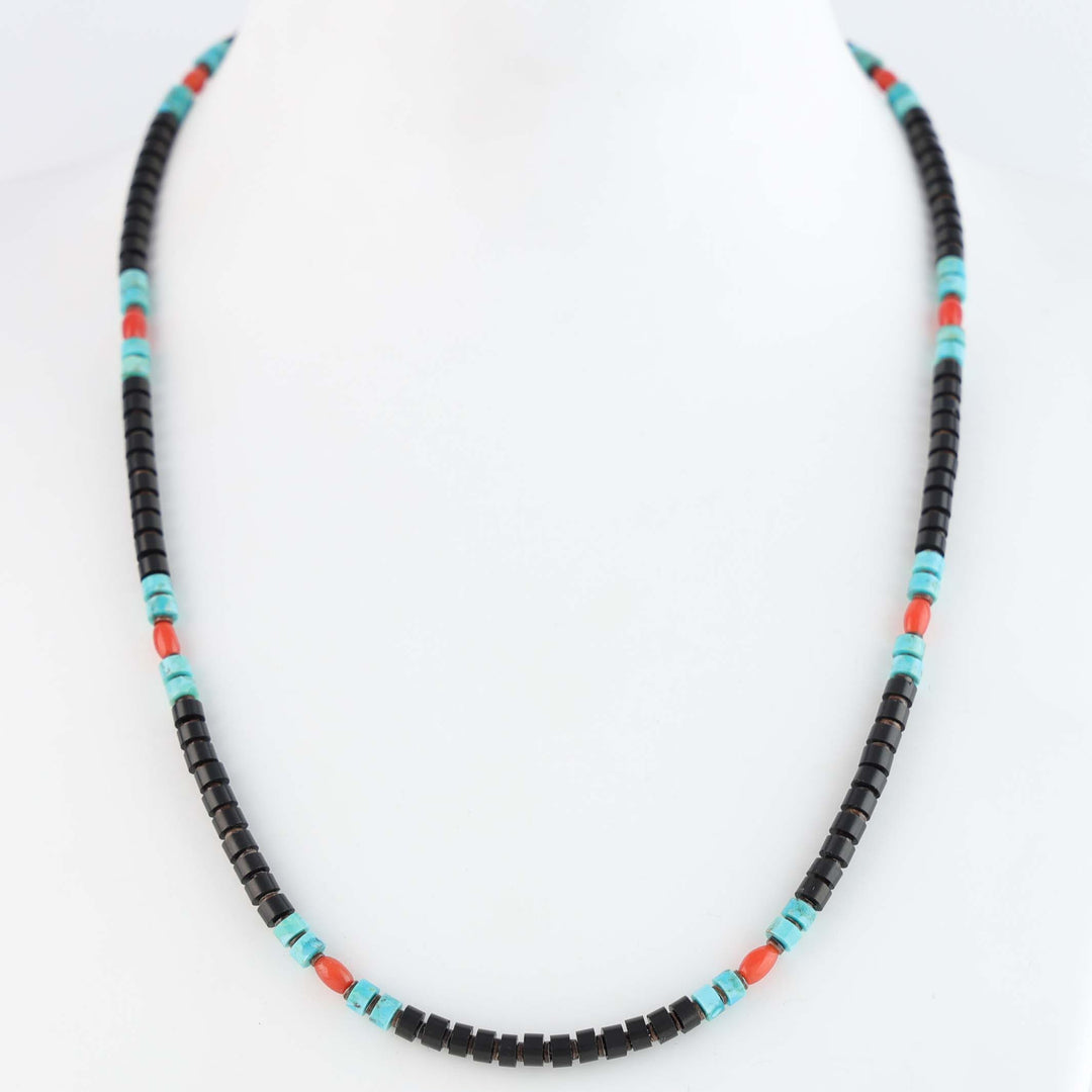 Navajo Jet, Coral and Kingman Turquoise Heishi Necklace