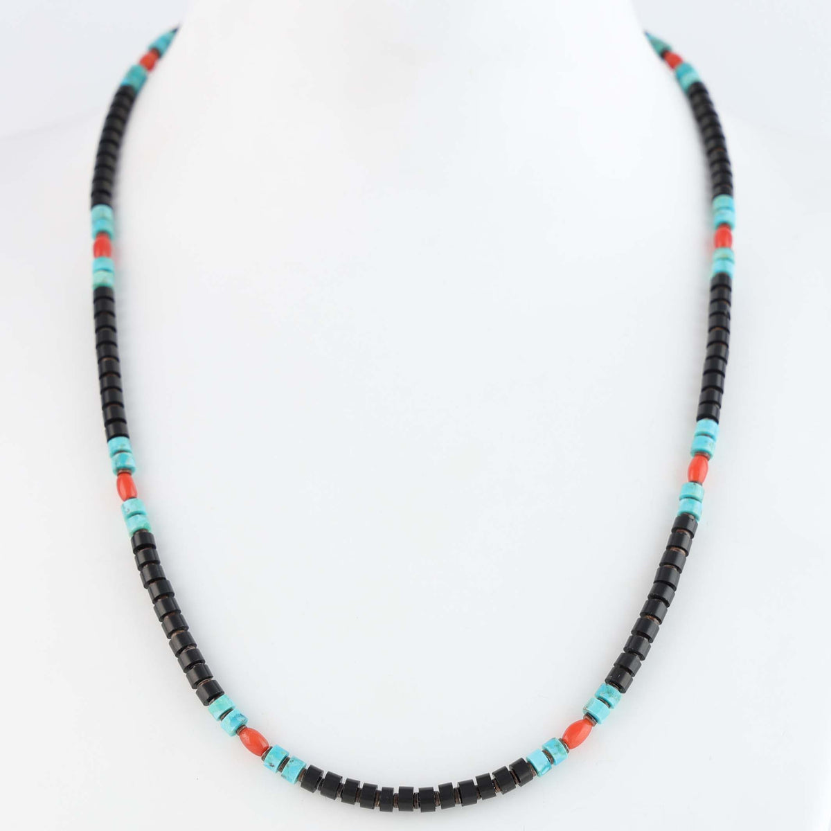 Navajo Jet, Coral and Kingman Turquoise Heishi Necklace by Marcella Teller