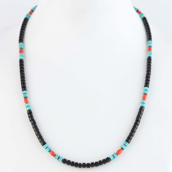 Navajo Jet, Coral and Kingman Turquoise Heishi Necklace
