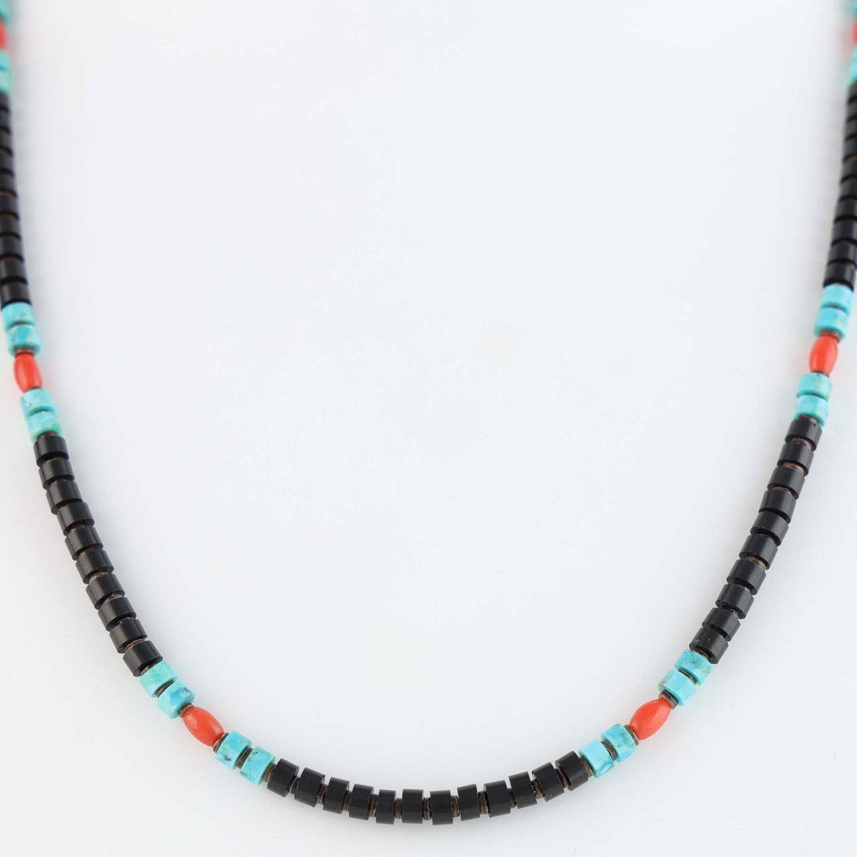 Navajo Jet, Coral and Kingman Turquoise Heishi Necklace by Marcella Teller