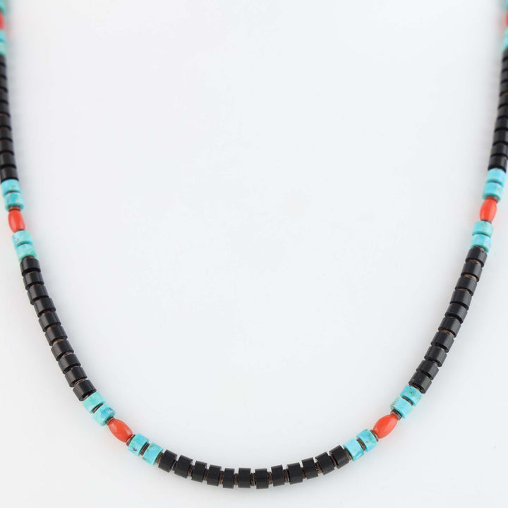 Navajo Jet, Coral and Kingman Turquoise Heishi Necklace