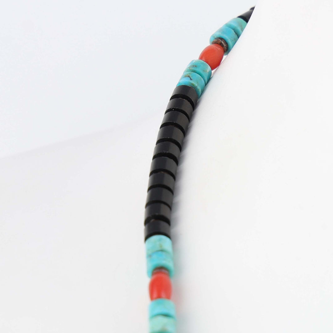 Navajo Jet, Coral and Kingman Turquoise Heishi Necklace
