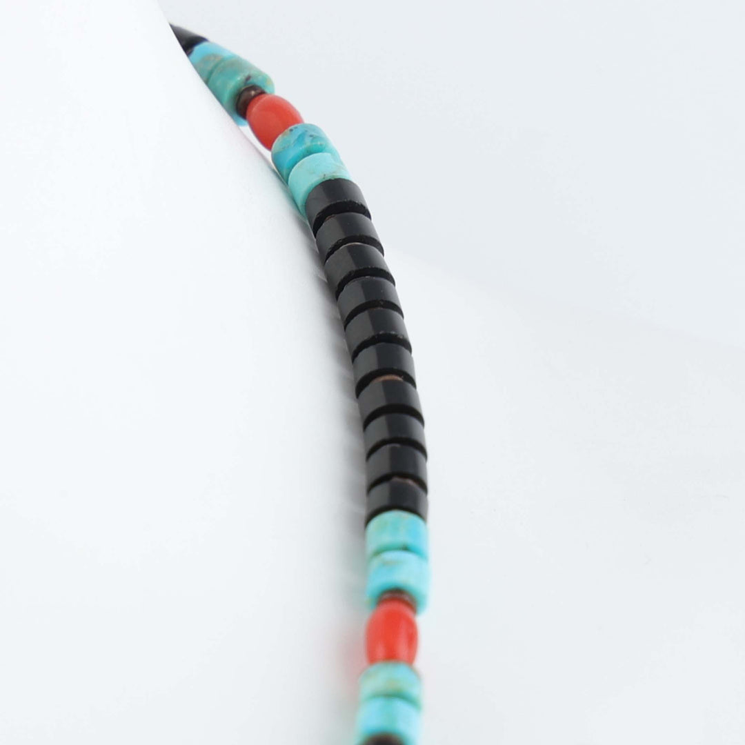 Navajo Jet, Coral and Kingman Turquoise Heishi Necklace