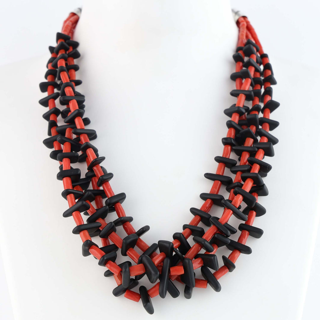 Navajo Jet and Coral Four-Strand Tab Necklace