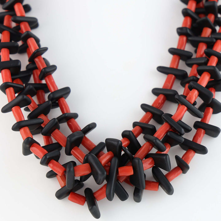 Navajo Jet and Coral Four-Strand Tab Necklace
