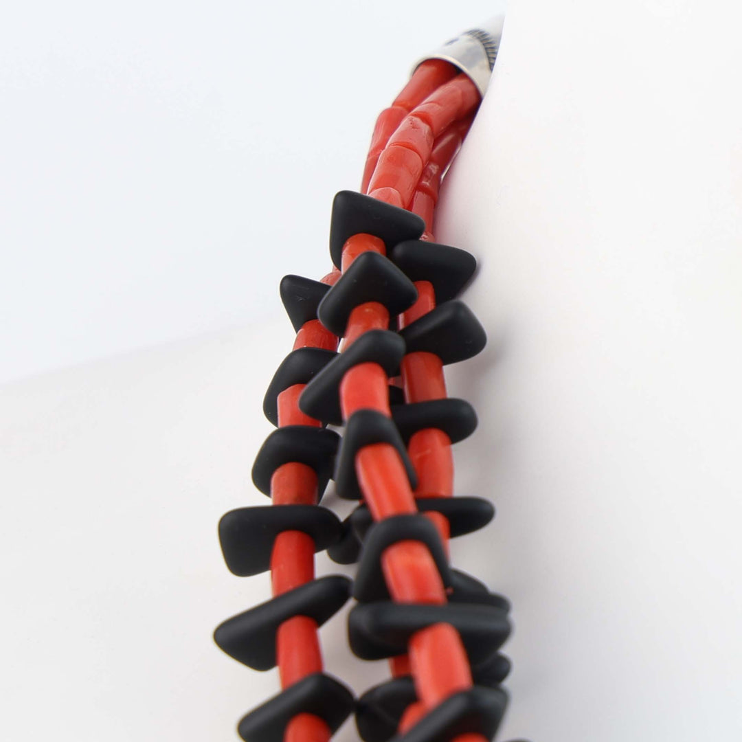 Navajo Jet and Coral Four-Strand Tab Necklace