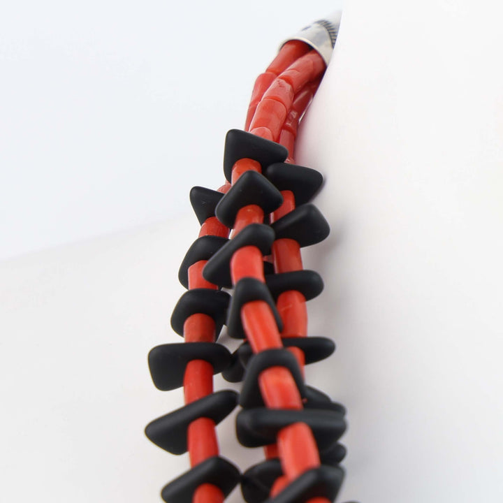 Navajo Jet and Coral Four-Strand Tab Necklace