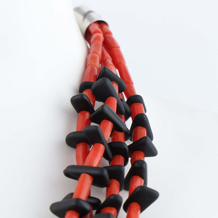 Navajo Jet and Coral Four-Strand Tab Necklace