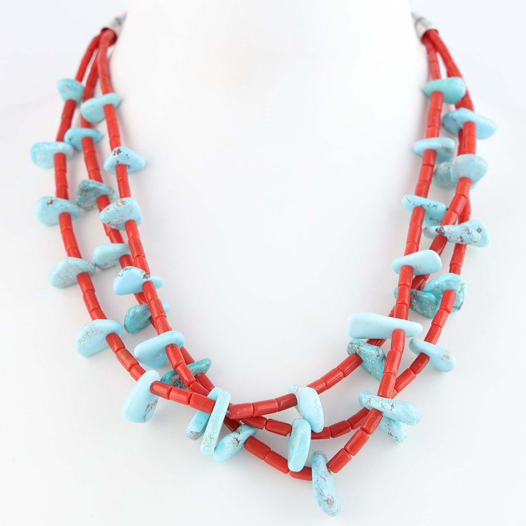 Navajo Bisbee Turquoise and Coral Tab Necklace