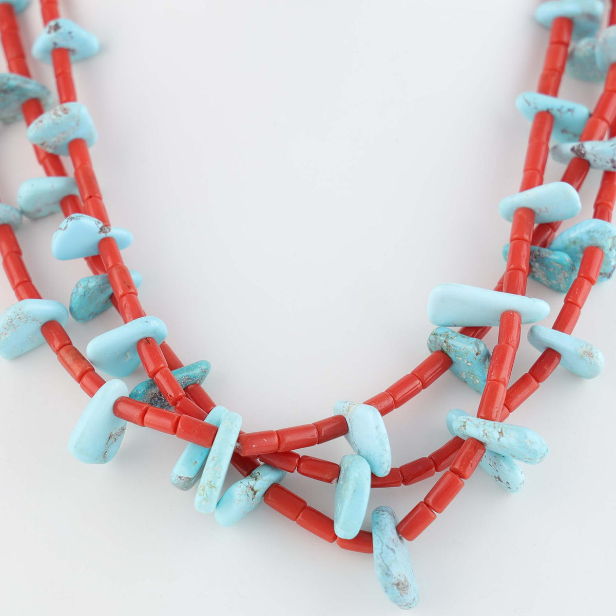 Navajo Bisbee Turquoise and Coral Tab Necklace by Cheyenne Grabiec