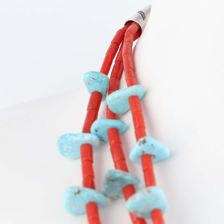 Navajo Bisbee Turquoise and Coral Tab Necklace