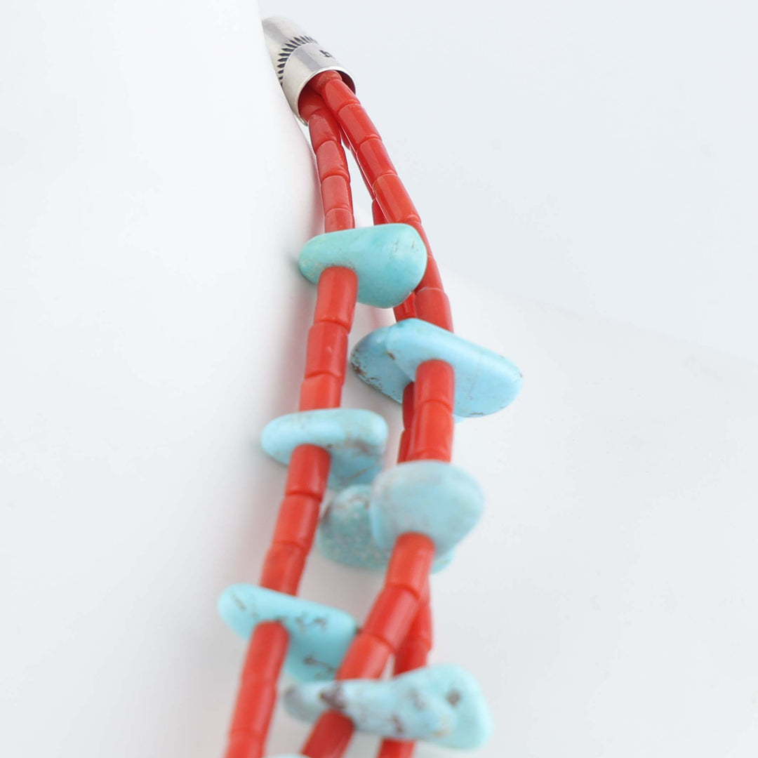 Navajo Bisbee Turquoise and Coral Tab Necklace