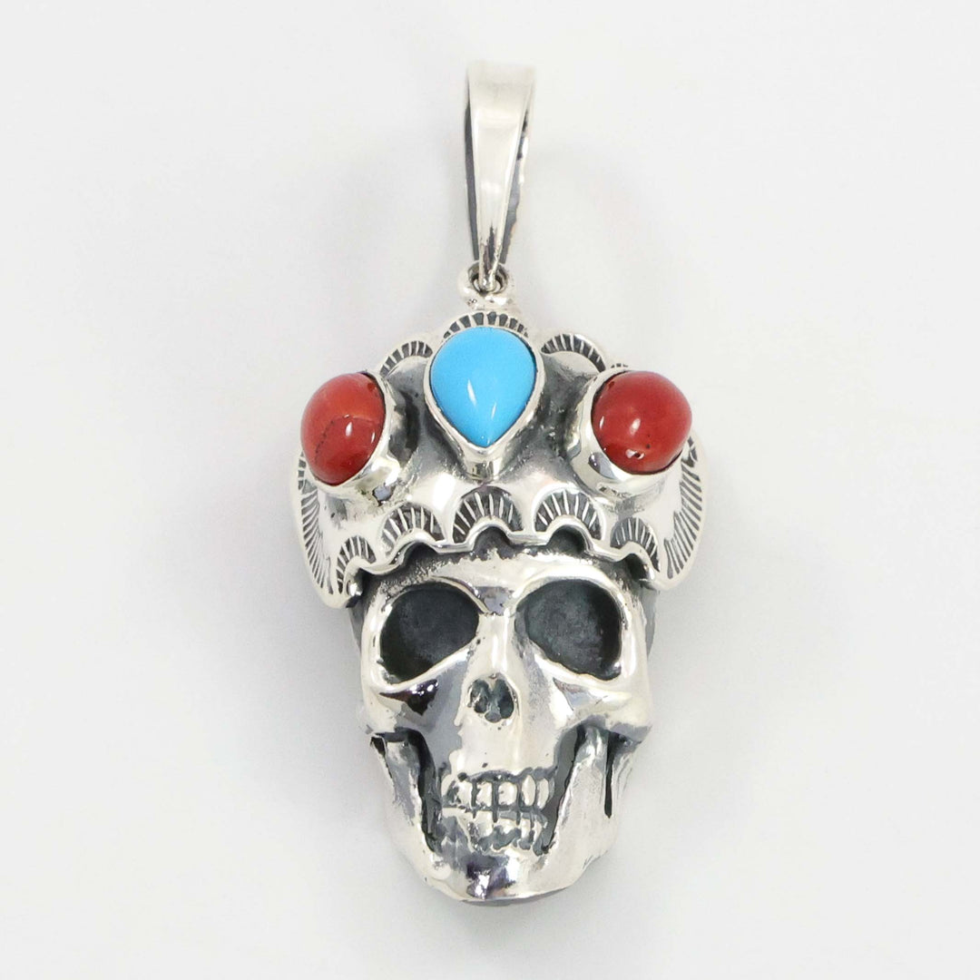 Turquoise and Coral Skull Pendant