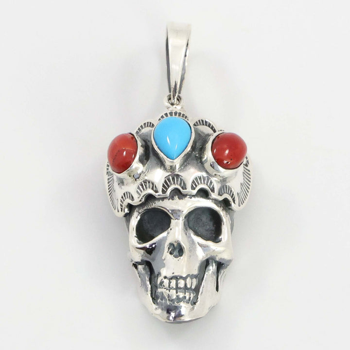 Turquoise and Coral Skull Pendant