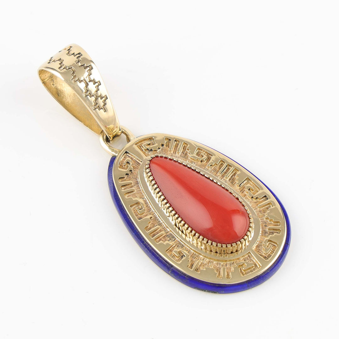 Coral and Lapis Gold Pendant