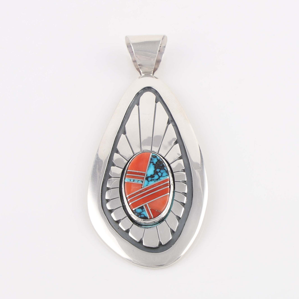 Navajo Turquoise and Coral Inlay Pendant by Tim Yazzie