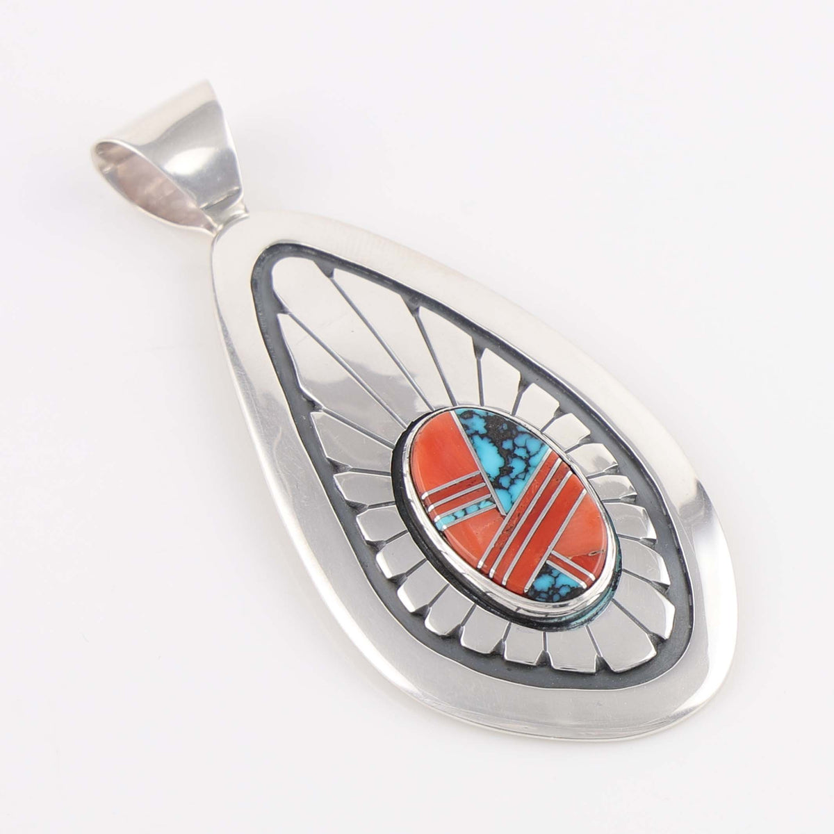 Navajo Turquoise and Coral Inlay Pendant by Tim Yazzie